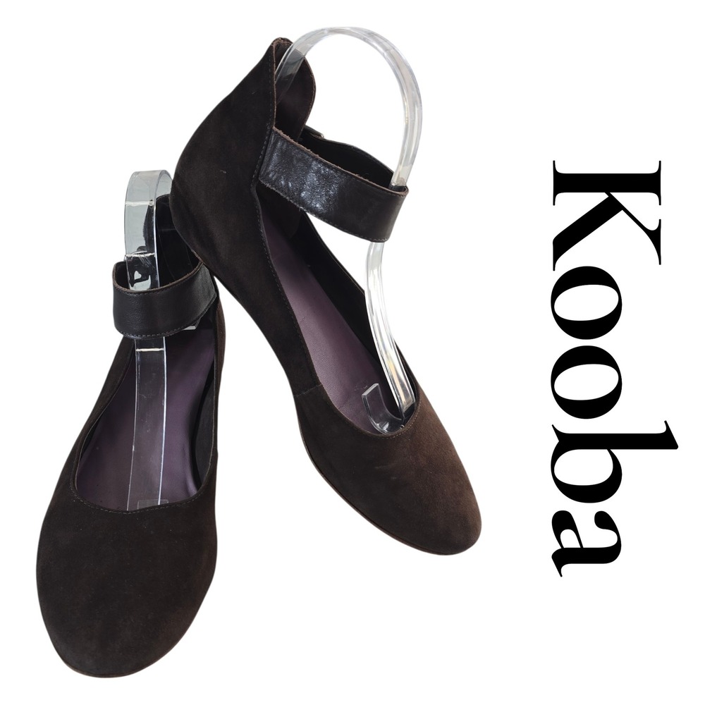 Kooba Flats 8.5 Brown Suede Leather Ankle Strap Round Toe Classic Minimalist - Picture 1 of 12